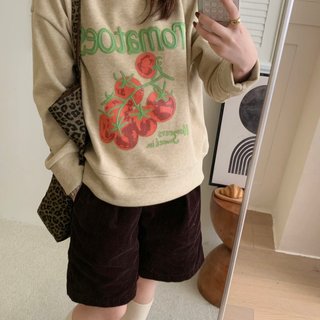 Recommended for personal use! korean generation @oil seo* retro contrast color three-dimensional tomato print plus velvet thickened round neck sweatshirt