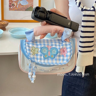 适用大疆pocket3收纳包保护壳蓝格子相机包便捷云台整理手提防摔