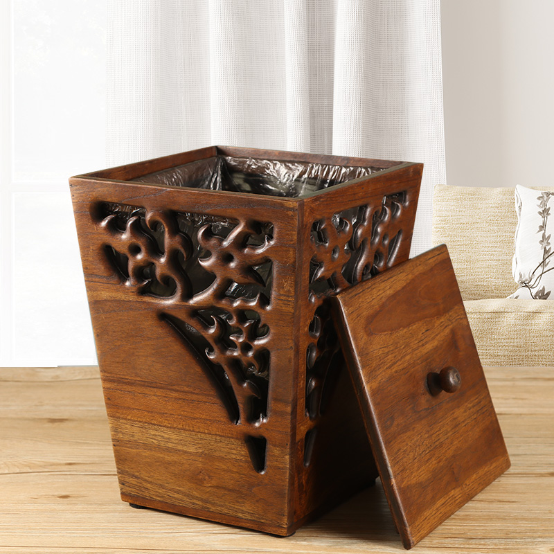 Yintai home retro creative solid wood grain trash can home living room bedroom office kitchen covered trash can