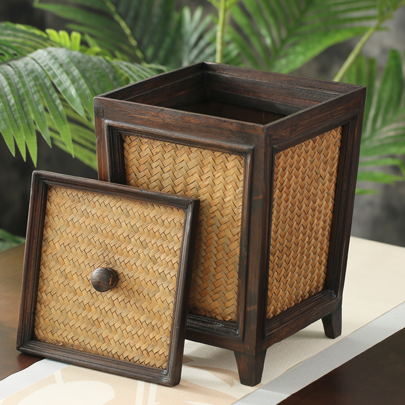 Thai retro rattan trash can household wooden paper basket with lid living room kitchen tea room creative Chinese trash can