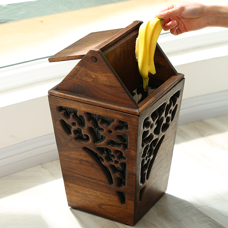 Thailand solid wood trash can shake lid type household retro wood grain Chinese trash can wooden living room creative trash can