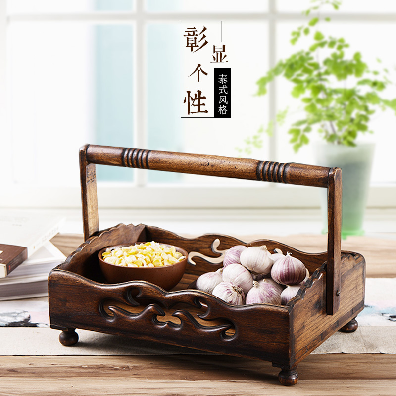 Indian Thai home Thai solid wood handle fruit plate storage basket SPA club storage basket retro creative fruit plate wood