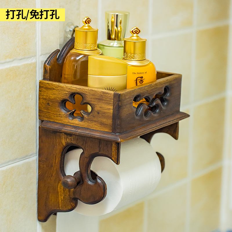 Thailand imported paper towel rack powder room toilet roll toilet paper holder mobile phone paper holder solid wood creative retro punch-free