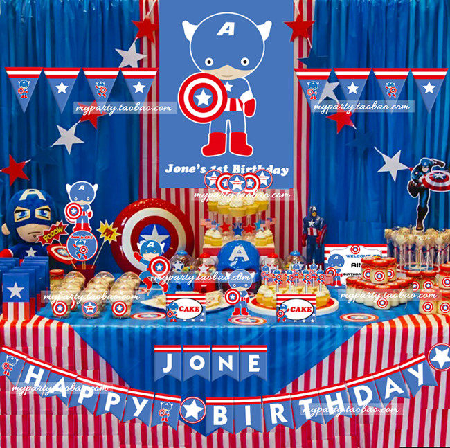 USA Captain Suit Custom Baby Birthday Party Supplies Pull Flags Stickers Tag tag Invitation Card Cake Sign