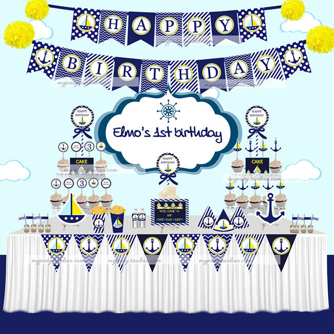 Children's baby birthday party supplies blue nautical theme dessert table layout navy wind pull flag card custom