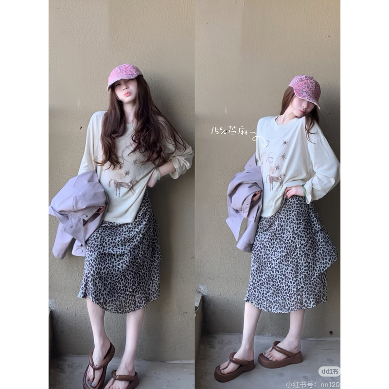 @Relaxed Style [Ramie Pony] Korean-Style Cho* Star Pony Artistic Retro Blouse Leopard Print Skirt