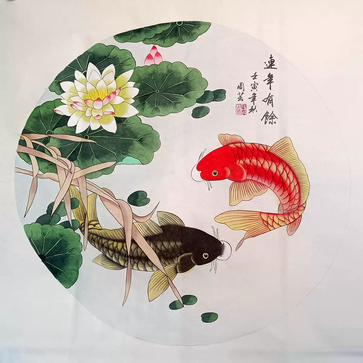 国画成品工笔画四尺斗方花鸟画荷花鲤鱼纯手绘真迹画芯