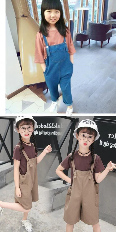 [Bộ đồ hai mảnh] Phong cách Hàn Quốc trẻ em lớn quần yếm denim cho bé gái mùa xuân và mùa hè quần cắt ngắn trẻ em bộ đồ học sinh - Phù hợp với trẻ em