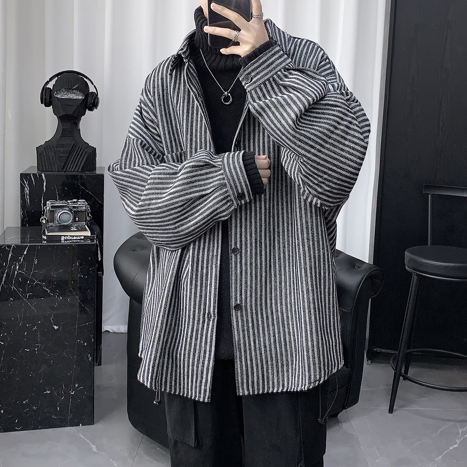 Autumn and winter thick striped shirt men's long-sleeved Korean version of the trend handsome loose ins Hong Kong style Japanese shirt jacket men