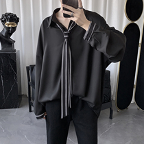 Mens clothing Lazy Wind Superior high feeling Superior Ruffling Shirt Male long sleeve Korean version Trend handsome Relaxed Harbor Wind Lining black wearing a hitch