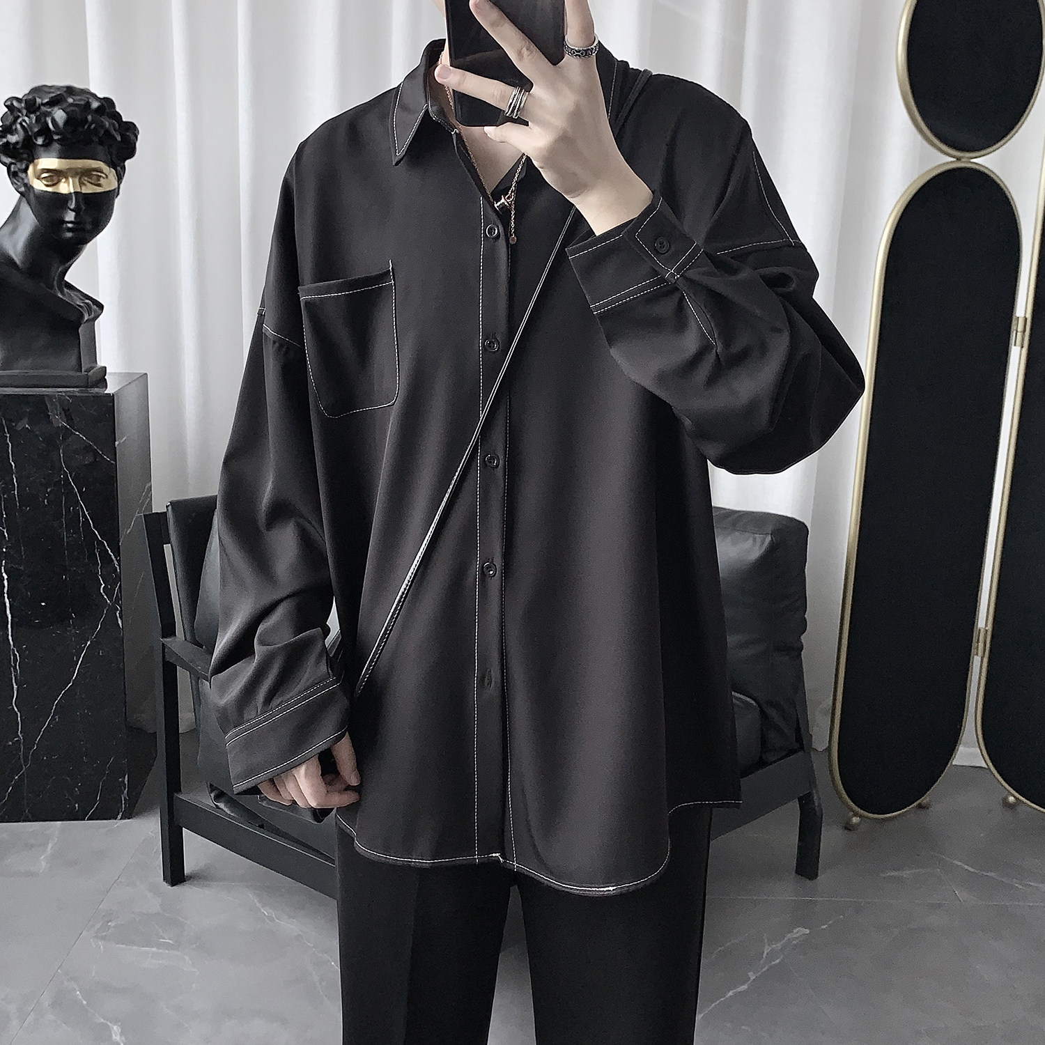 Dark Department Very Fairy shirt male and Korean version Trend handsome Loose Ruffin's Handsome Long Sleeve Shirt Male Port Wind Day blouses