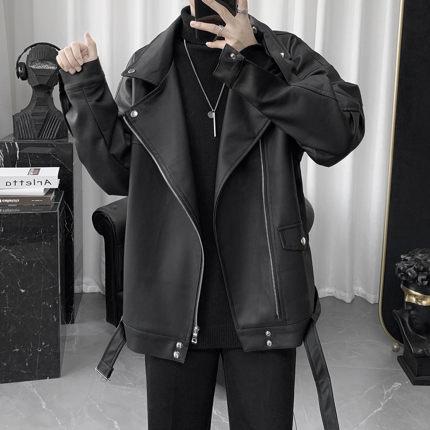 2022 spring new handsome motorcycle leather jacket men's trend all-match design sense niche jacket jacket men spring and autumn