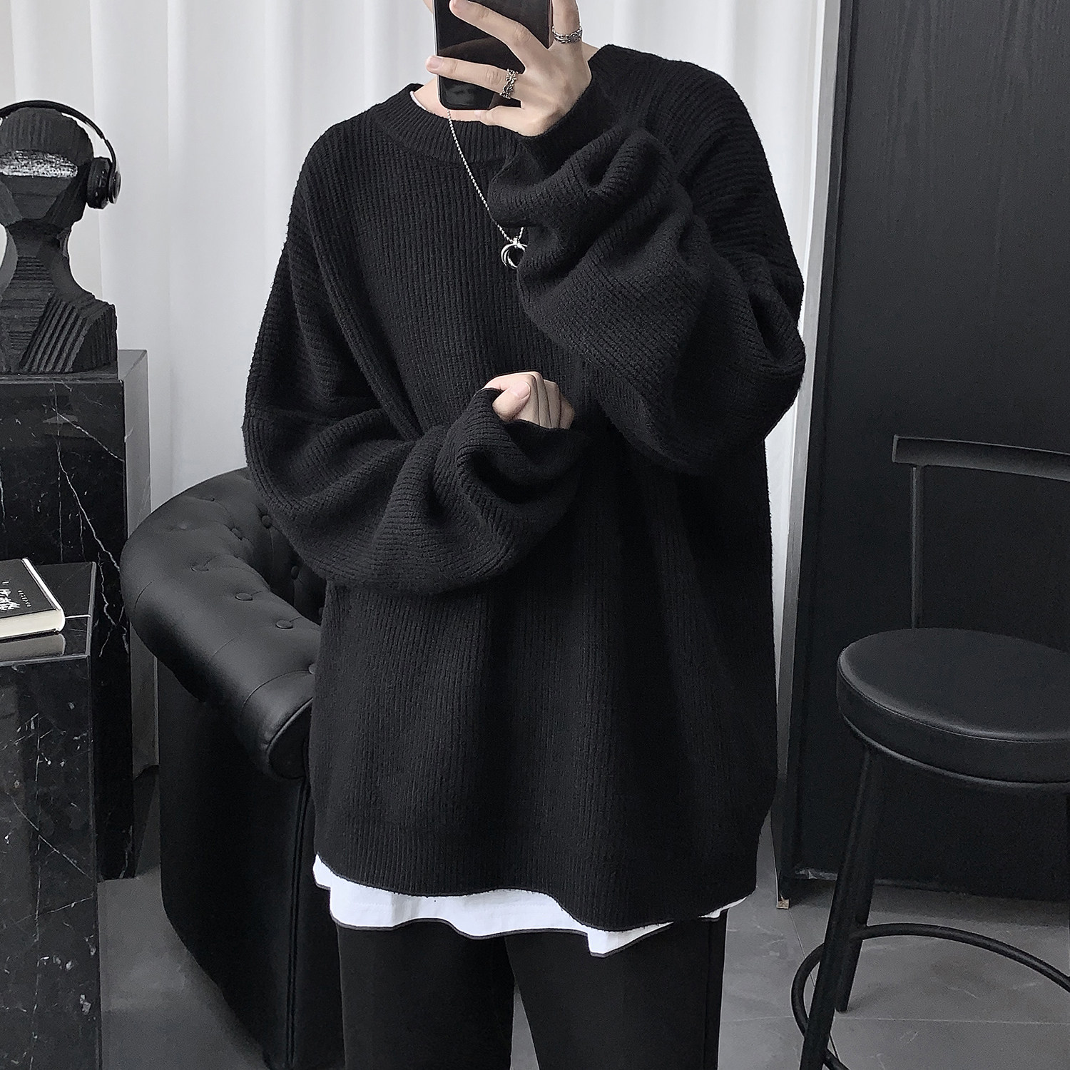 Lazy Wind Round Collar Oversize Woolen Sweater Hood Male Autumn Winter Loose Thickened Round Collar Internal Hitch Male Tide