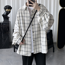Plaid shirt male long sleeve Korean version trendy ruffiant handsome shirt mans great fairy coat superior sense shirt man design feel