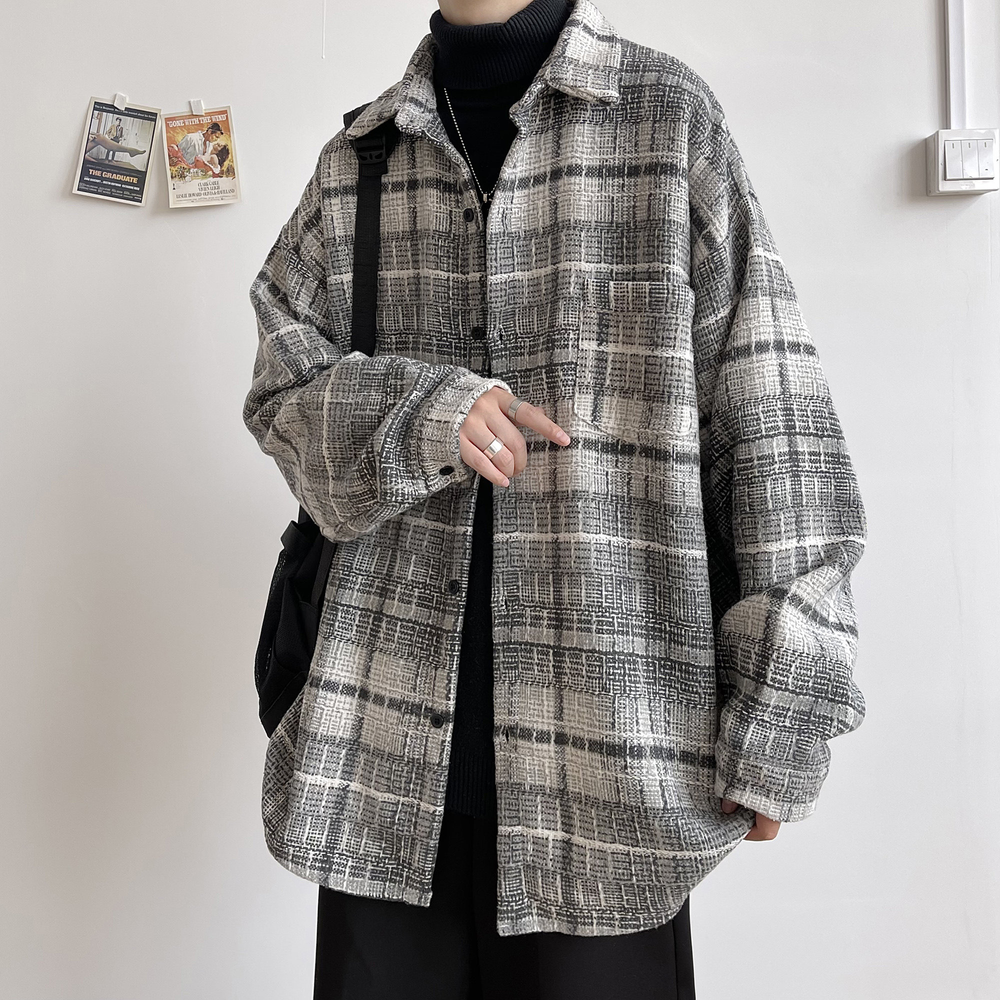 2021 autumn and winter new style brushed thick long-sleeved shirt men's Korean version trend loose Hong Kong style Japanese shirt jacket