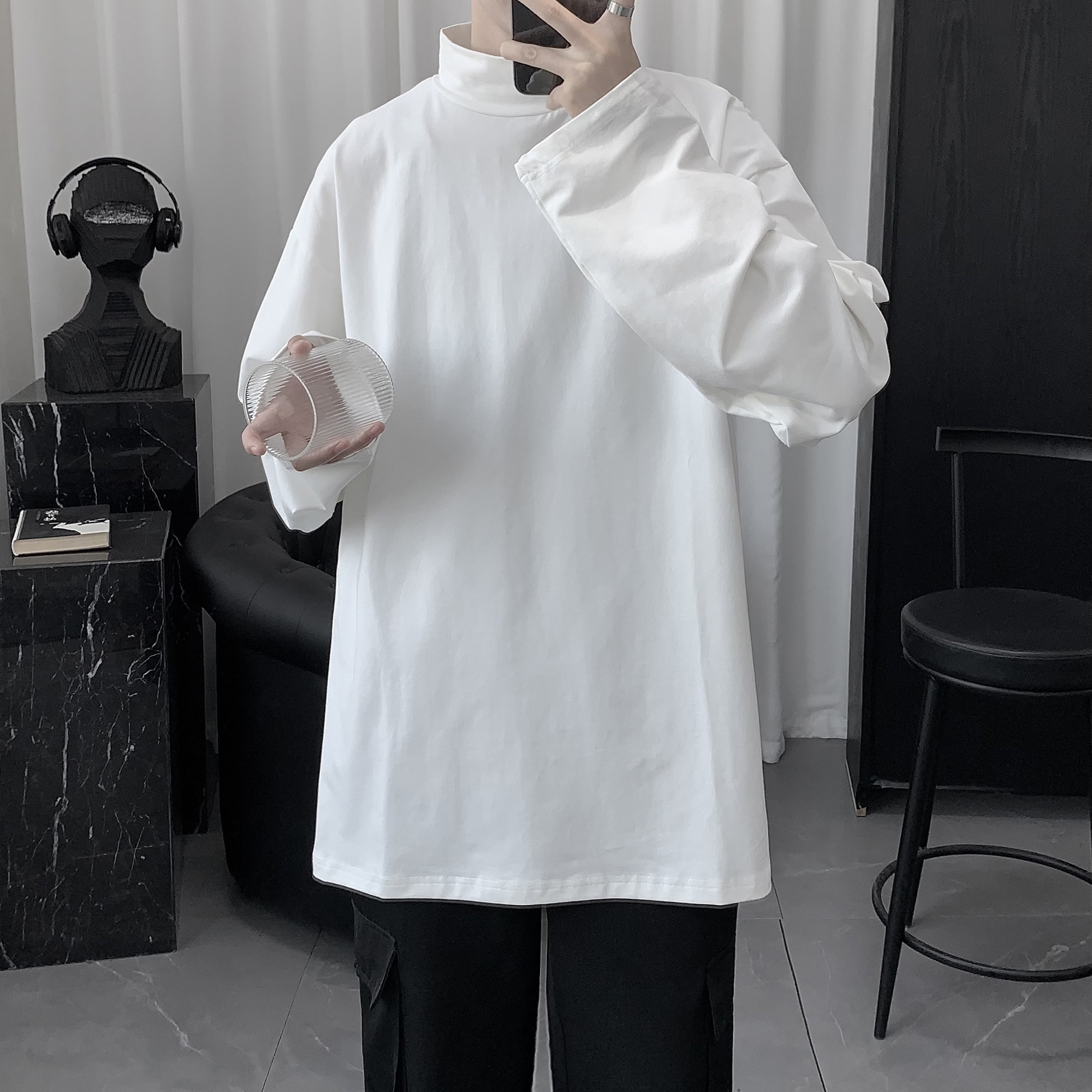 2021 autumn winter new high collar bottom jersey men's loose 100 hitch trend Nets with long sleeves T-shirt men's clothes