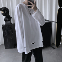 Mens hole round neck long sleeve T-shirt Mens Korean version of the trend loose ins Port wind clothes autumn base shirt mens top