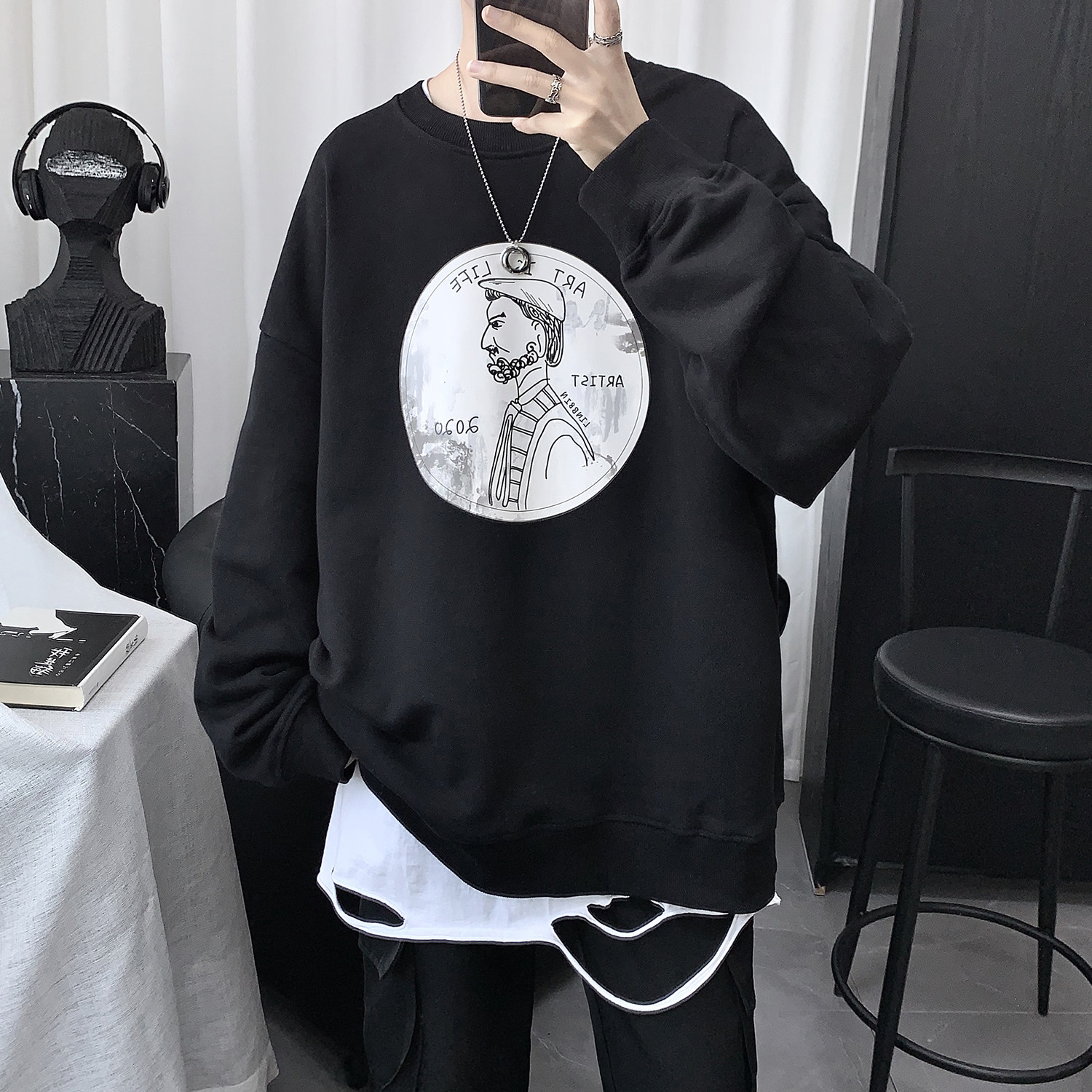 2020 new couple's wear autumn couple's version round neck thick cotton T men's trendy ins loose trend all-match clothes