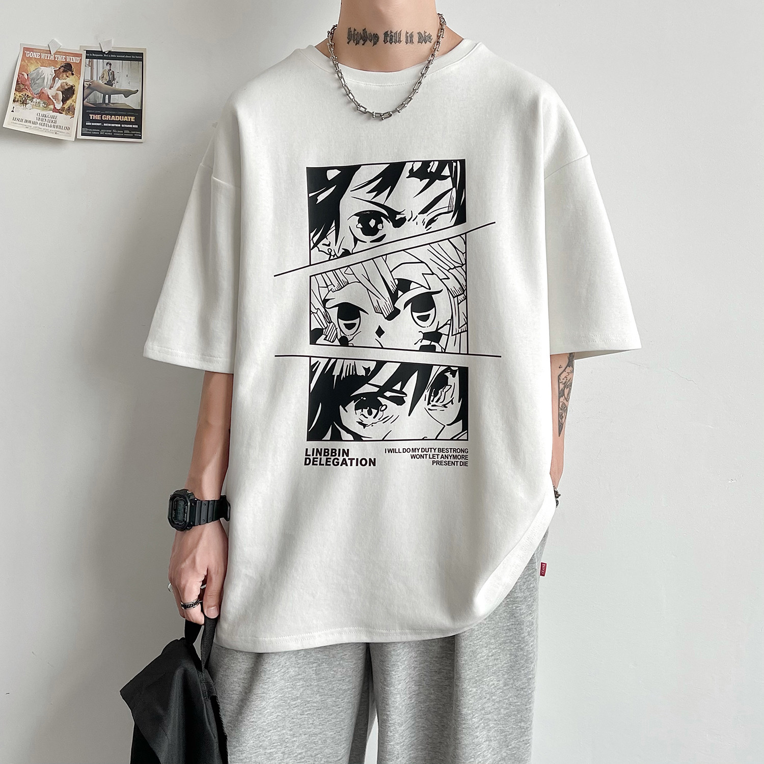 Cartoon animation couples short sleeves t-shirts for men and women in summer loose in harbor wind and teen clothes