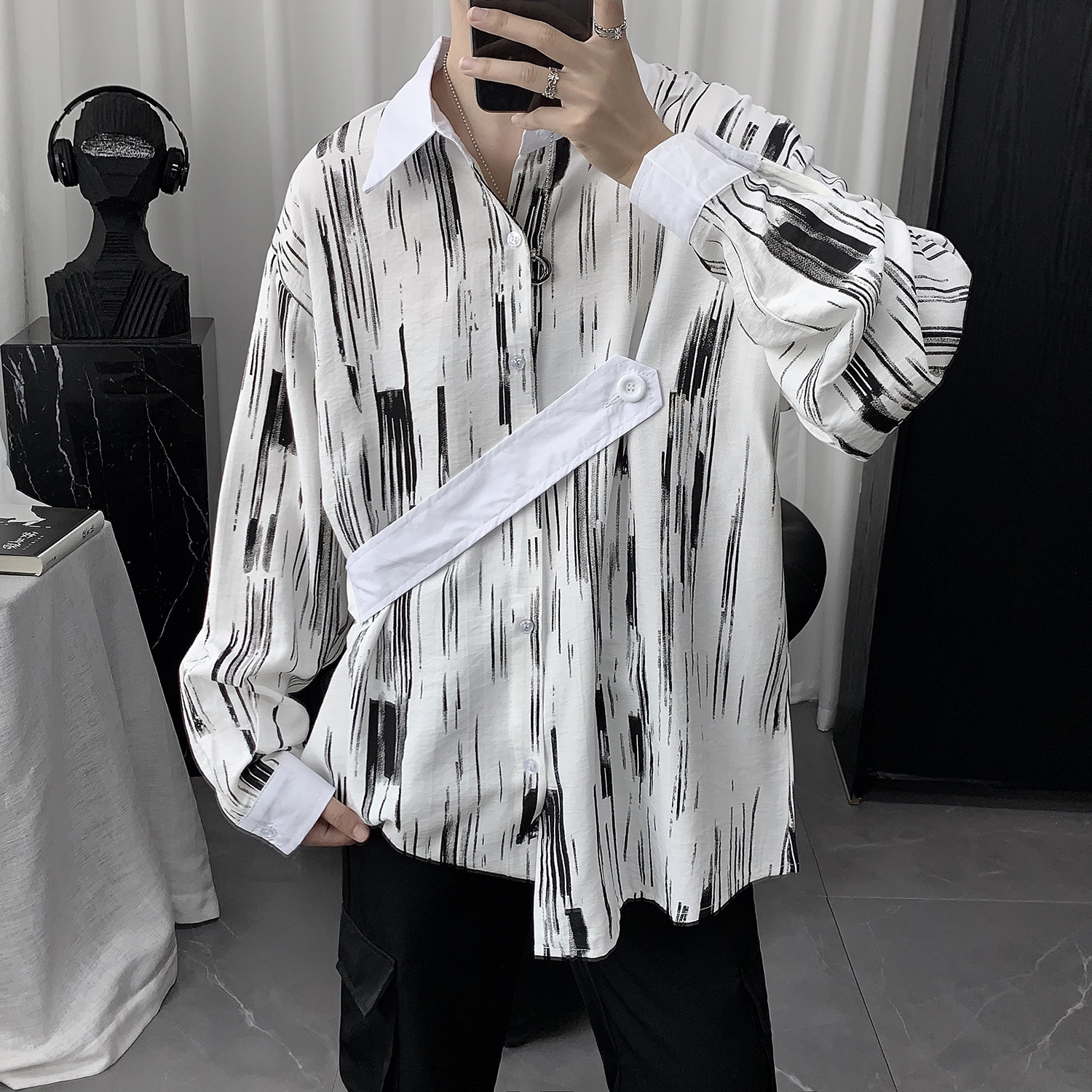 Autumn Design Sensation Small Crowdblouse Blouse Handsome Shirt Male long sleeve Korean version Trend handsome Air Harbor Wind Day Department 100 Lap Shirt
