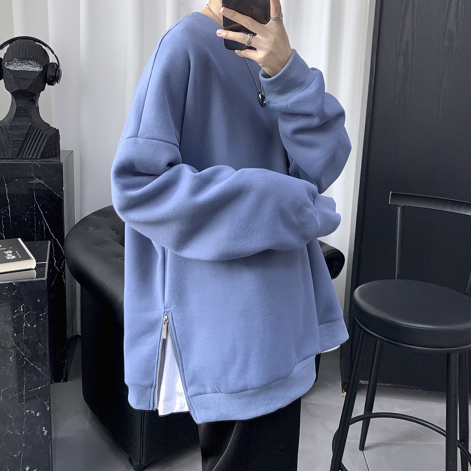 Side laced design Lazy Wind Round collar thick cotton T men and women loose 100 hitch and winter jacket men's clothes