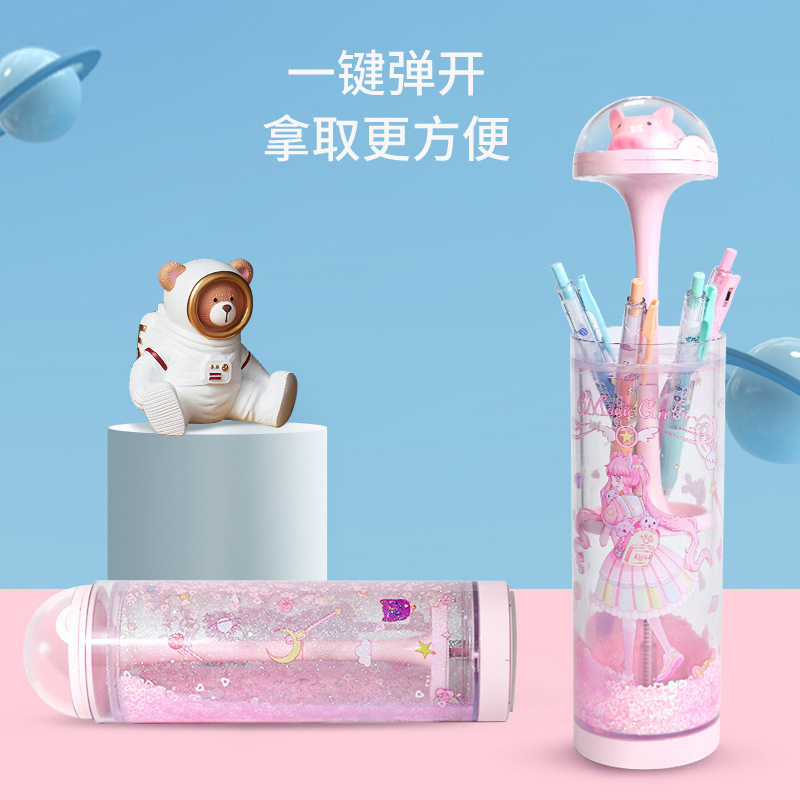 Flow Sand Night Light Pen Box Creative Mesh Red Ejection Pen Holder Press Lifting Pencil Case Can Customize Multifunctional Lead Pencil Case