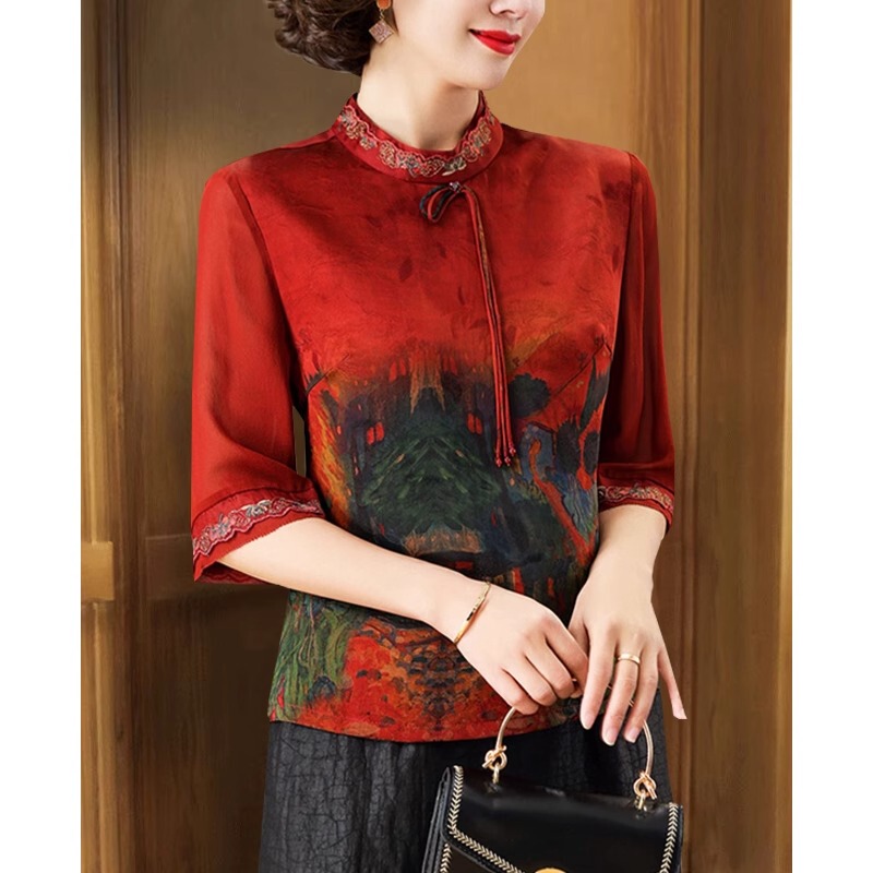 Xiangyunsha Top Women's Summer New Style Hangzhou Silk Short-Sleeved Shirt Lady Mother Mulberry Silk Shirt