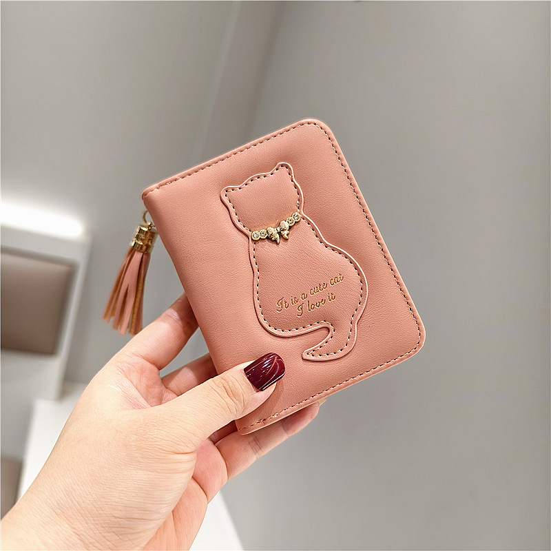 New Sweet and Cute Cat Design Solid Color Vertical Style 80% off Zipper Clasp Tassel Short Student Women's Wallet