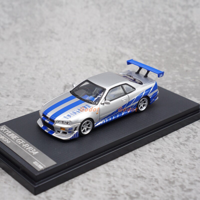 New Product Tm 1:64 Nissan Gtrgtr R34 Fnf Fast and Furious Silver Blue Alloy Car Model Ornament Gift Collection
