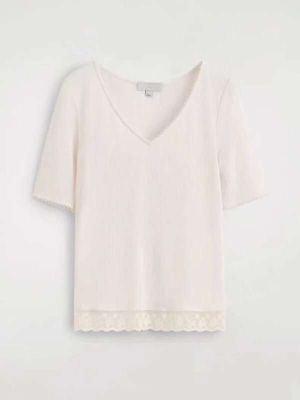 Cs Women's Standard Fit Lace Trim V-Neck T-Shirt White 2026 Spring New Product 1332940001