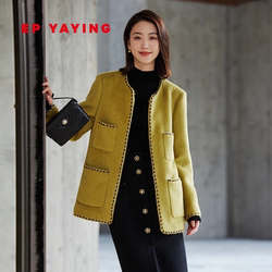 EP Yaying Women's Wool Suli Alpaca Blended Small Fragrant Style Collarless Jacket Same as the Shopping Mall 8420A