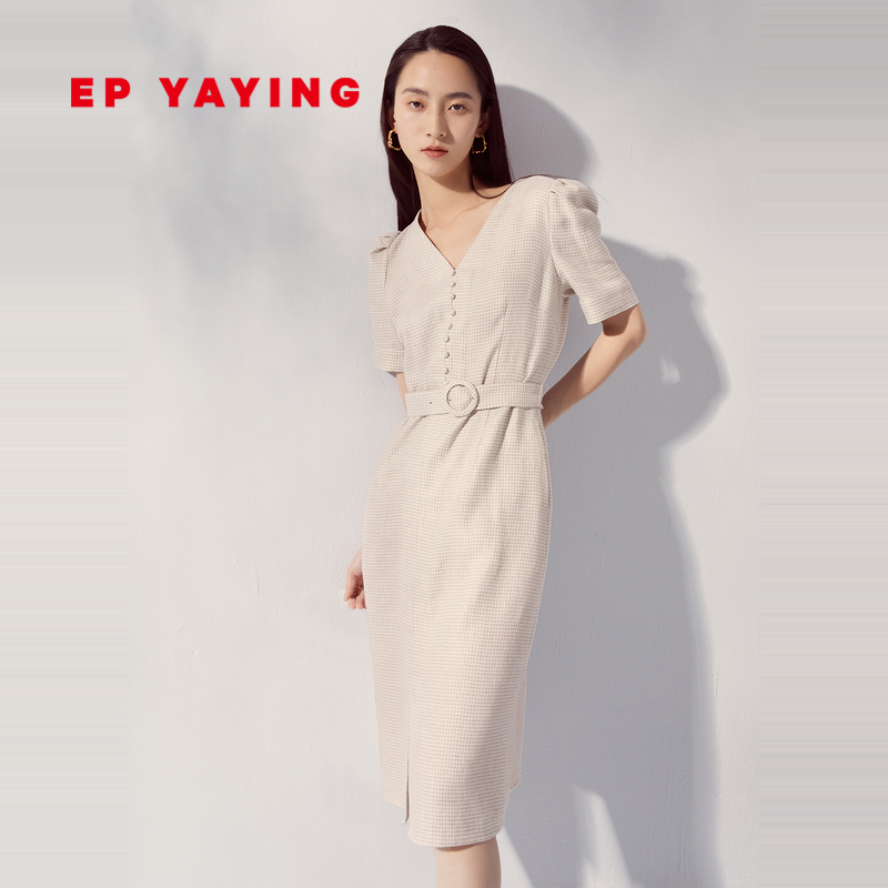 EP YAYING YYingying Women's dress Thousand Bird lattice V collar collection waist short sleeve foreign dress 2022 spring and summer new 4633A