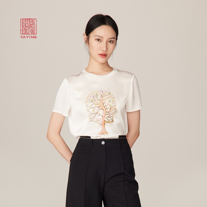 EP YAYING Yaying high-end series three acetate texture solid color printing short-sleeved T-shirt 2022 new 5305