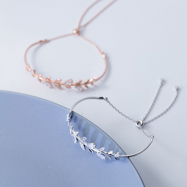 MICKY Sterling Silver s925 Bracelet Women's small fresh set diamond leaf bracelet Adjustable literary olive leaf hand jewelry