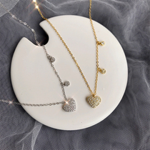 Inlaid diamond caring necklace S925 pure silver temperament Korean version of simple heart shape delicate full drill light extravagant and small crowdlock bone chain woman