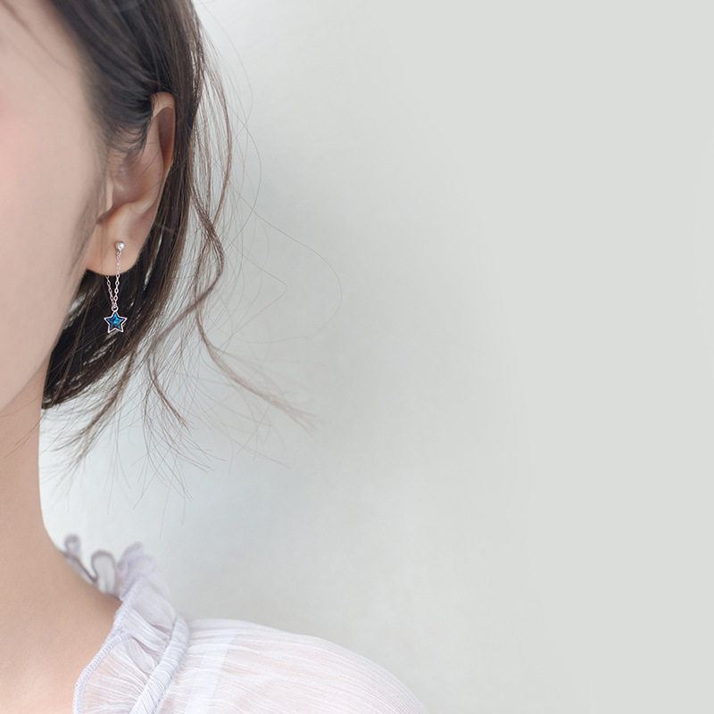 Blue Drilling Pentagram s925 Silver Blue Star Earrings Woman Little Fresher Ear Pendant Sweet rear Pendant Ear Ornaments