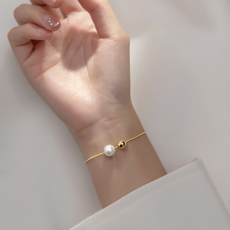 Simple pearl bracelet s925 sterling silver shell beads light luxury gold snake bone chain niche net red ins scenery beads jewelry