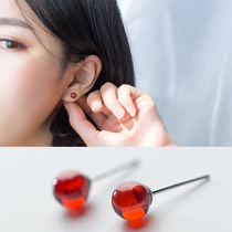 Red ball pomegranate stone s925 pure silver ear nail cute minimalist art 100 hitch a small temperament sweet and earmy
