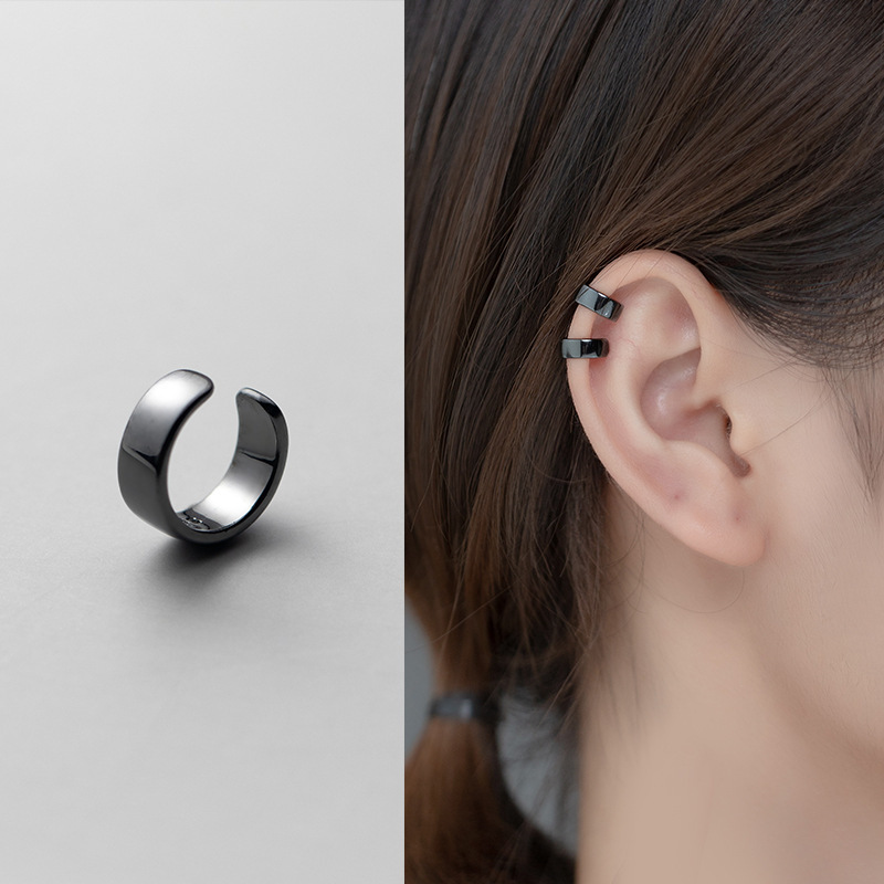 C-Shaped Compact Ear Cuff S925 Sterling Silver Non-Pierced Elegant Black Glossy Simple Women's Ear Clip Unisex Earrings for Men