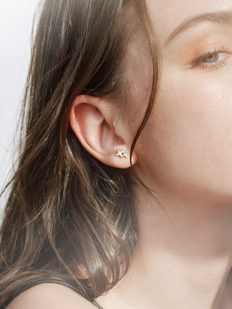 Personality Brief Glitter Drilling Cross Cute Stars S925 Pure Silver Earrings 100 Hitch Earrings Japan-ROK Gift Fashion Woman-Taobao