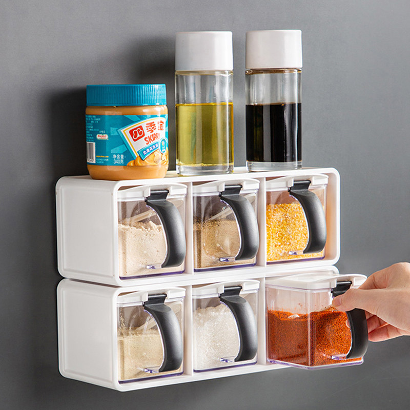Wall-mounted Condiment Jar Plastic Seasoning Box Shelve Salt Jars Kitchen Zo Jars Chili Integrated assembly