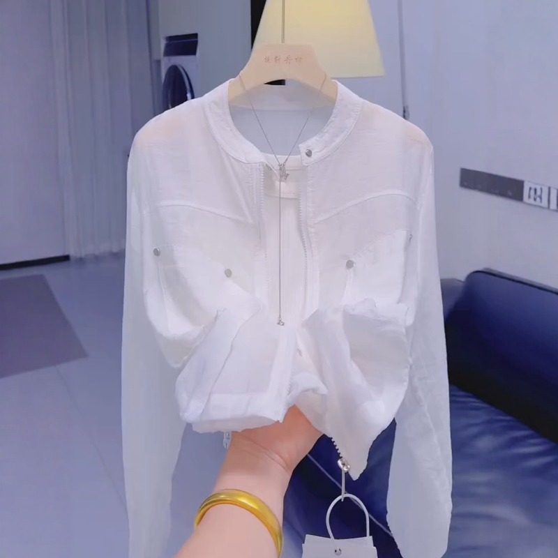 Thin See-Through Sun-Protective White Shirt Jacket for Women, New Summer Style, Casual, Simple, Stylish, Stand-Up Collar, Zipper Cardigan Top