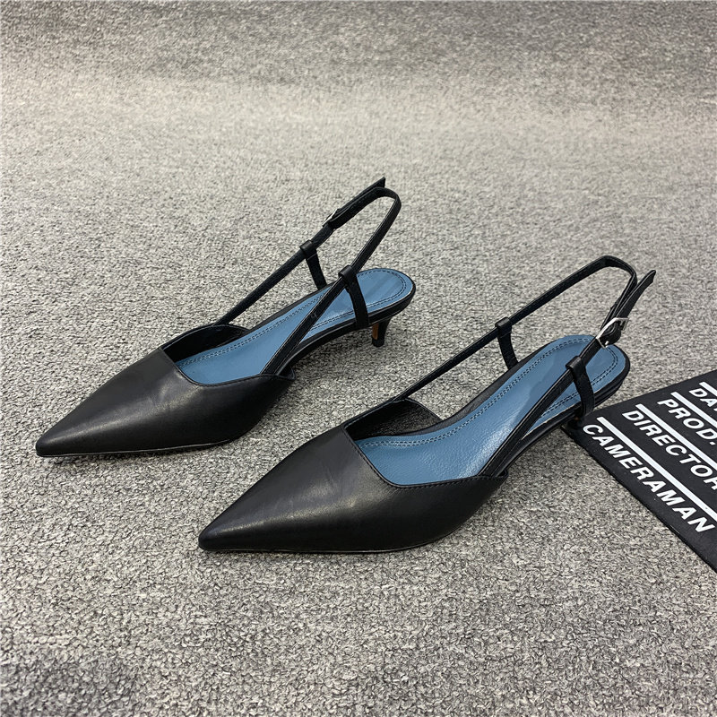 Baotou sandals women's 2022 spring and summer new leather pointed toe mid-heel shoes with a thin heel fairy style women's shoes