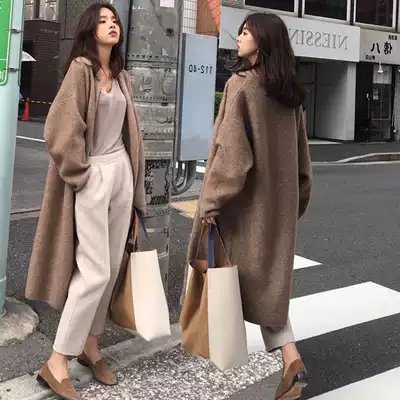 Medium and long version thick knitted cardigan female Korean autumn and winter retro simple temperament loose jacket lazy casual sweater