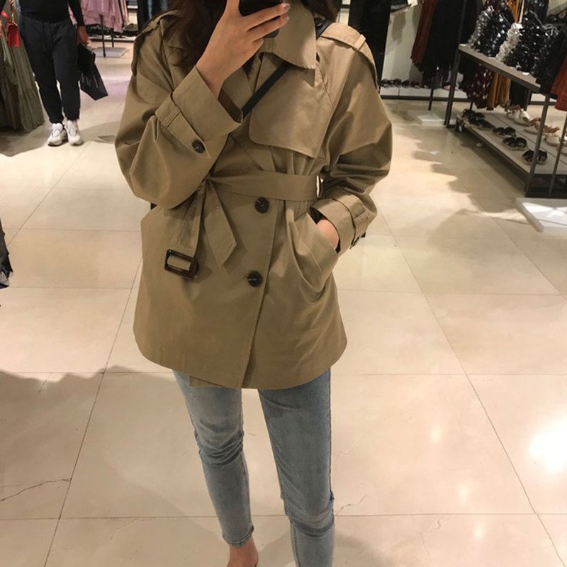 2021 autumn new women's retro simple loose small man short version windbreaker lace-up waist thin short jacket