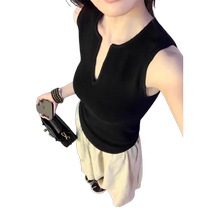 Black V-neck camisole for women 2024 new summer outer wear unique design sleeveless right shoulder T-shirt top