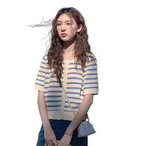 Blue and white striped ice silk knitted cardigan for women 2024 new summer thin Korean style gentle style hollow round neck top