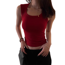 Red camisole womens summer outer wear with breast pads to cover the side breasts elastic tight sleeveless hot girl top