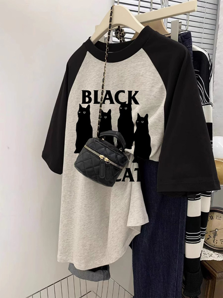 大きいサイズのアメリカ製純綿半袖Tシャツ、夏用レディース、薄型スタイル、太めのmm、お腹をカバーして細さをアピール、コントラストカラープリントTシャツトップス