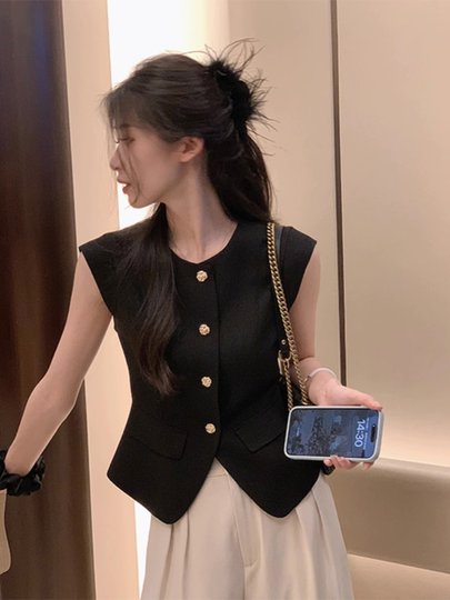 小香风黑色马甲女2025夏装新款薄款无袖坎肩背心外搭西装马夹上衣